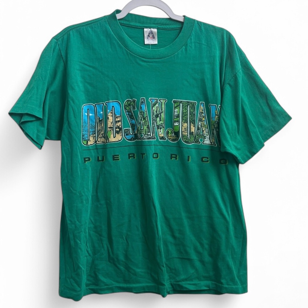 Vintage 90s San Juan Puerto Rico Green Single Stitch Graphic T-Shirt Size XLarge